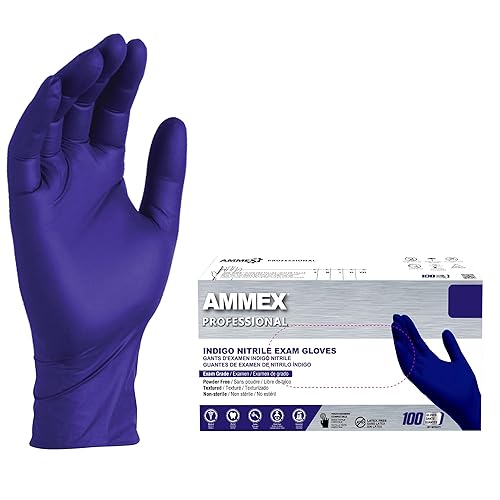 Ammex, Ainpf, Guantes de nitrilo médicos, caja con 100 unidades, guantes desechables, sin polvo, sin látex, grado de revisión, 4 mil, color índigo,