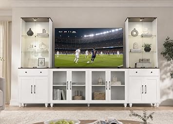 Kikihouse 116.5" Entertainment Center for TVs up to 75 | Glass Display Cabinets with Spotlights, Adjustable Shelf, Elevated Leg Design for Living Room, Bedroom