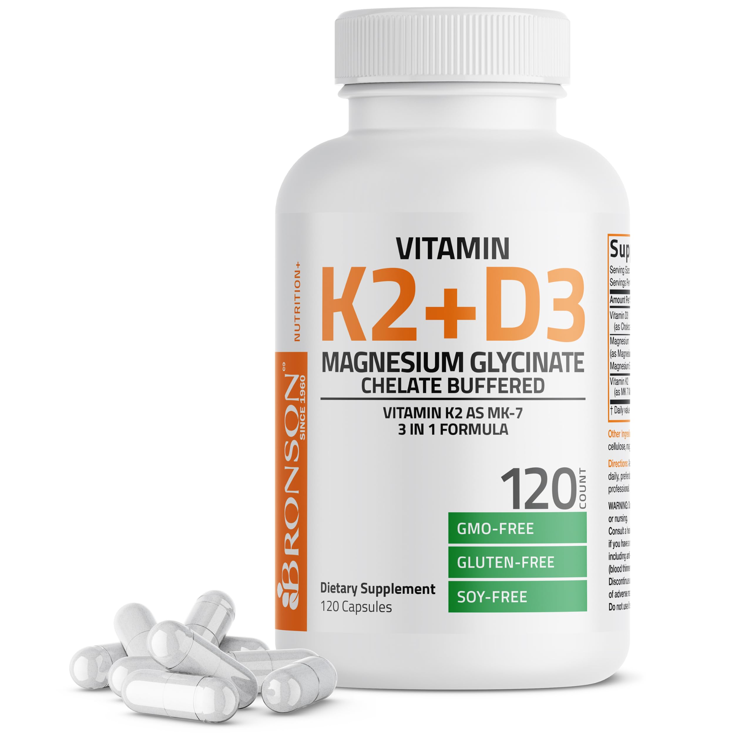 Bronson Vitamin K2+D3 Magnesium Glycinate Supplement, 120 Capsules 120 Count (Pack of 1)
