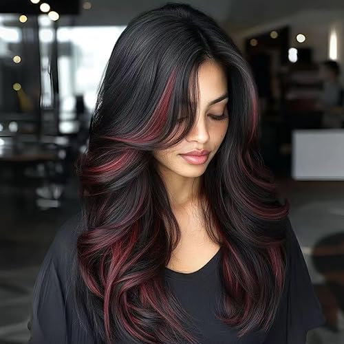 Highlight Burgundy Layered Wavy Wig With Curtain Bangs for Women