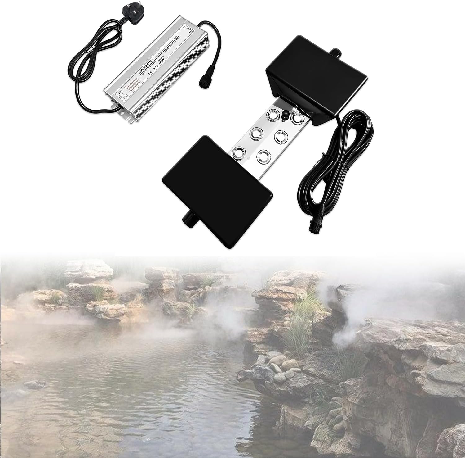 HCLSHOP Ultrasonic Fogger,6 Head Ultrasonic Mist Maker,5000ml/H 200W Mist Maker Fogger with Buoy IP67 Waterproof Power Supply,Perfect for Garden Lawn Rockery Greenhouse Halloween Decoration(6 Head)