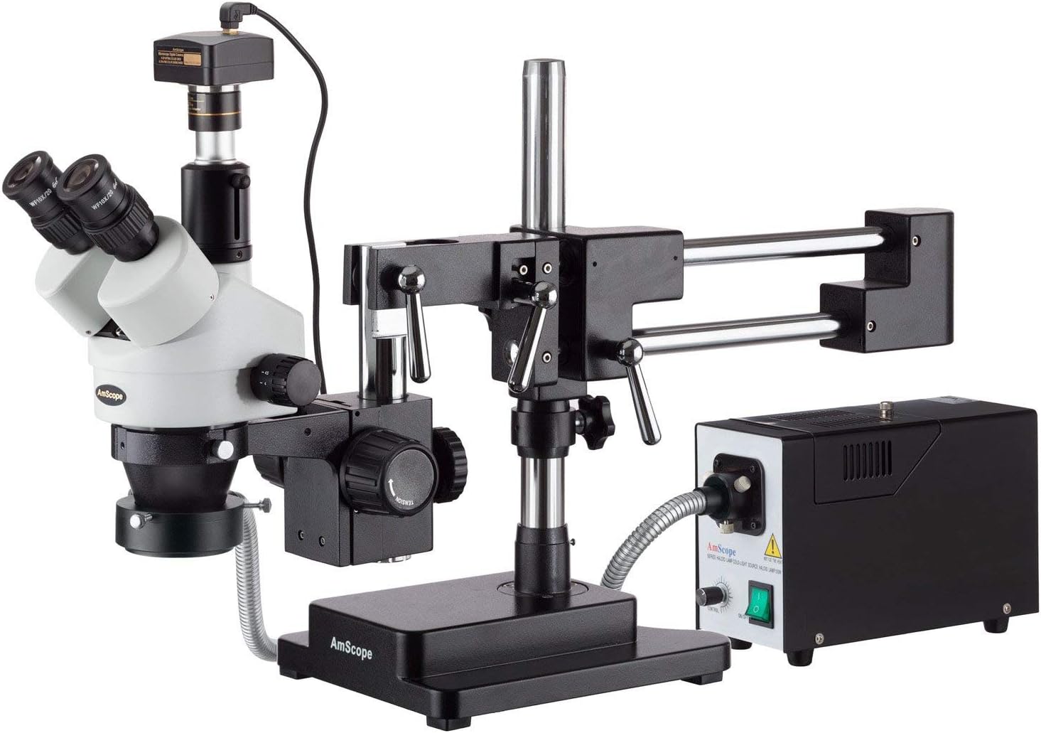 AmScope SM-4TZ-FOR-10MB Digital Professional Trinocular Stereo Zoom Microscope, WH10x Eyepieces, 3.5X-90X Magnification, 0.7X-4.5X Zoom Objective, Fiber-Optic Ring Light, Double-Arm Boom Stand, 110V-120V, Includes 0.5X and 2.0X Barlow Lenses and 10MP Camera with Reduction Lens and Software