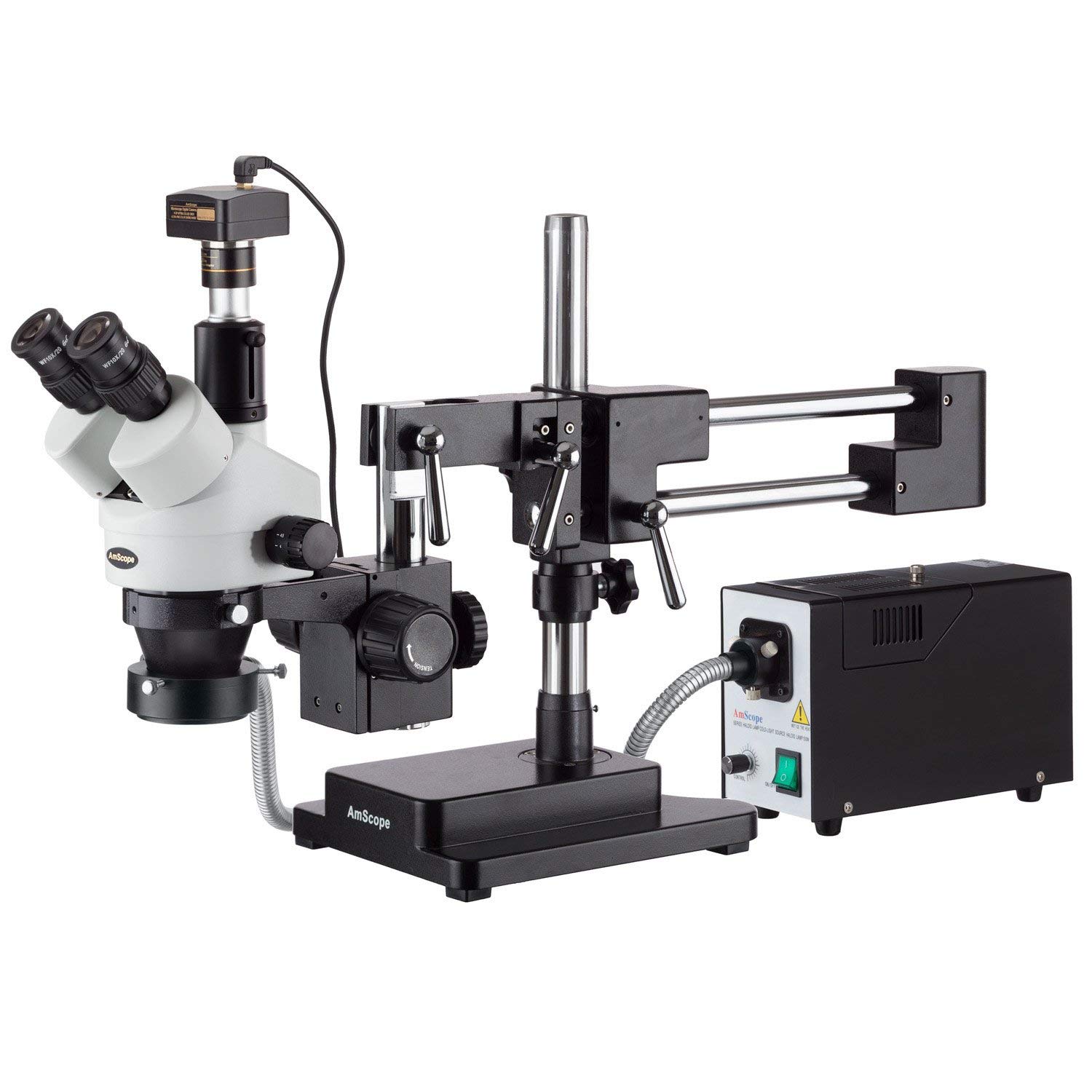AmScope SM-4TZ-FOR-10MB Digital Professional Trinocular Stereo Zoom Microscope, WH10x Eyepieces, 3.5X-90X Magnification, 0.7X-4.5X Zoom Objective, Fiber-Optic Ring Light, Double-Arm Boom Stand, 110V-120V, Includes 0.5X and 2.0X Barlow Lenses and 10MP Camera with Reduction Lens and Software
