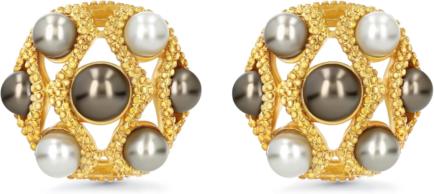 Medium Chunky 18K gold plated Cream Dark Brown Black Pearl Stud Round Button Statement Earrings for Women by SNGIA, Big Brown Bold Textured Handmade Exaggerated Dome Retro Rounded Ball Trendy Bohemian Jewelry Gifts, Unique Baroque Vintage Mother of Pearl Abalone Summer Beach Fashion Accessories, Round Thick Circular Nickle Free Huggies Earring.