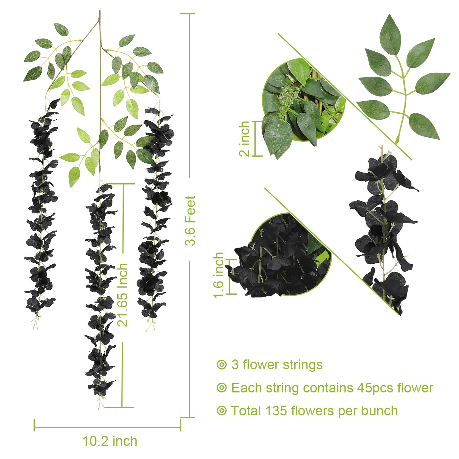 U'Artlines Künstliche Glyzinien-Ranken (2,20 m Gesamtlänge), Rattan-Girlande, zum Aufhängen, Seidenblumen, für Zuhause, Party, Hochzeit, Dekoration, 24 Stück, Schwarz