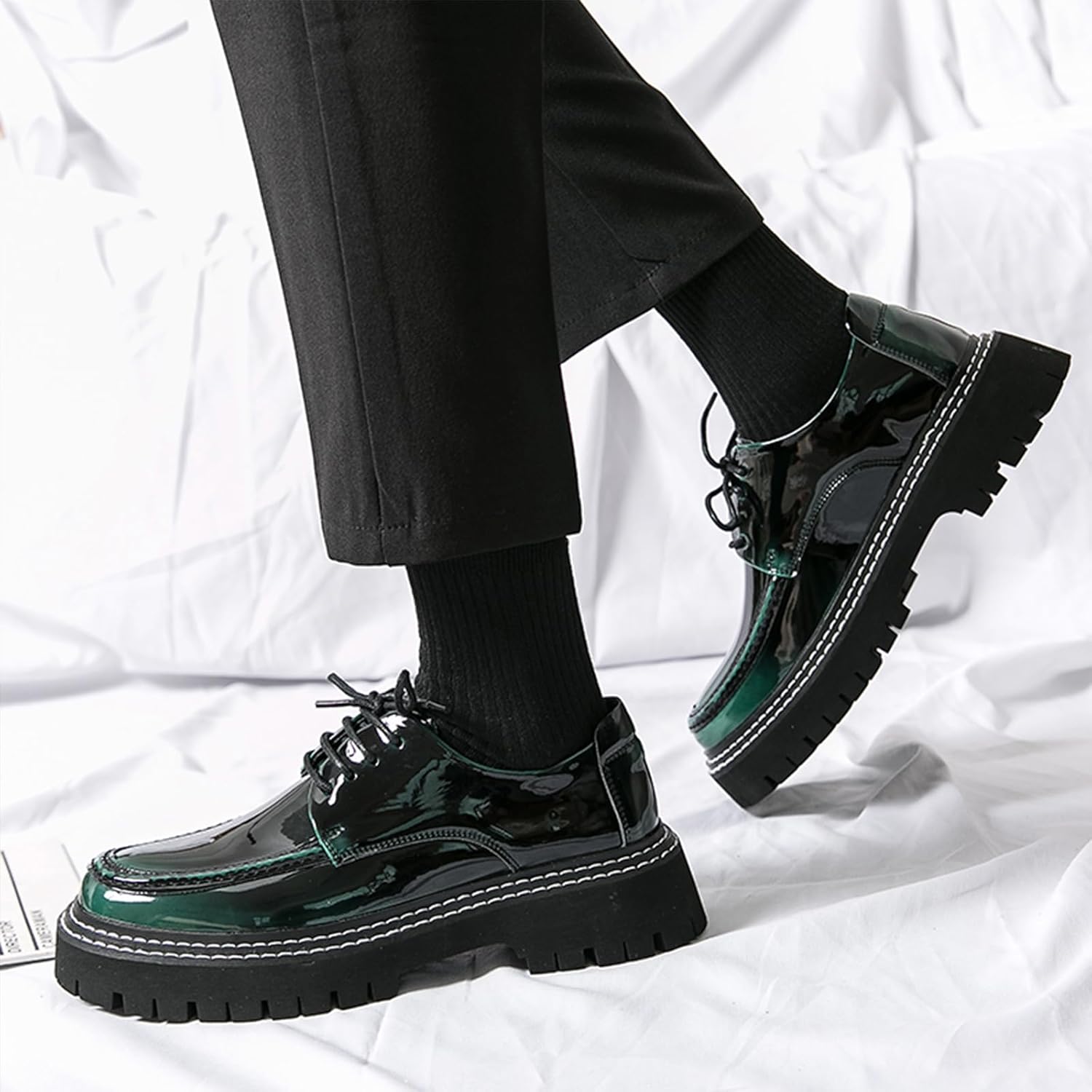 Men's Patent Platform Leather Classic Oxford Shoes Round Toe Lug Sole Non-Slip Lace-Up Business Leather Shoes Fashionable Work Formal Oxfords - Image 5