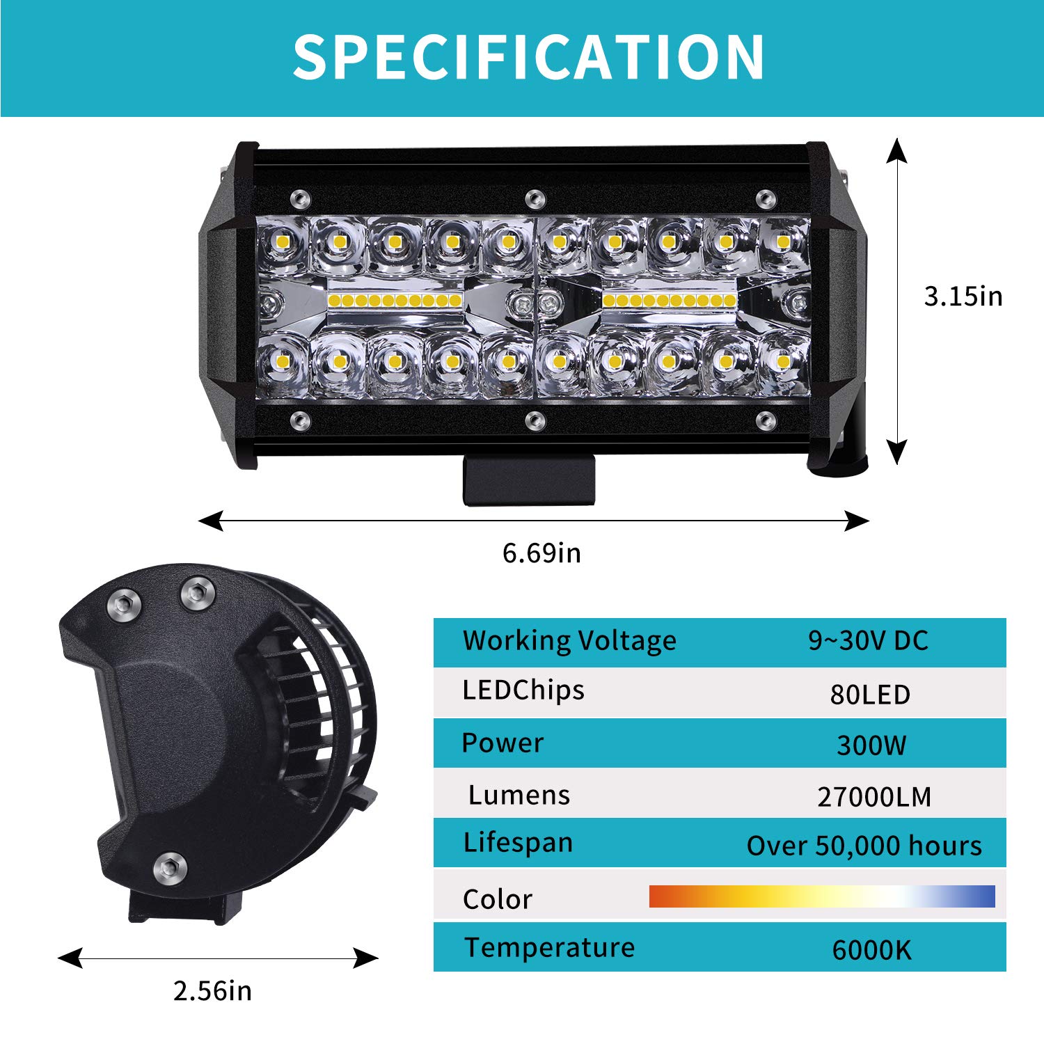 Faro di Profondità da Lavoro Led, 7’’ Cree Barra LED Fuoristrada da 300W 27,000lm Impermeabile IP67 , per Moto Auto ATV SUV Trattore, 6500K, (2 PCS)…