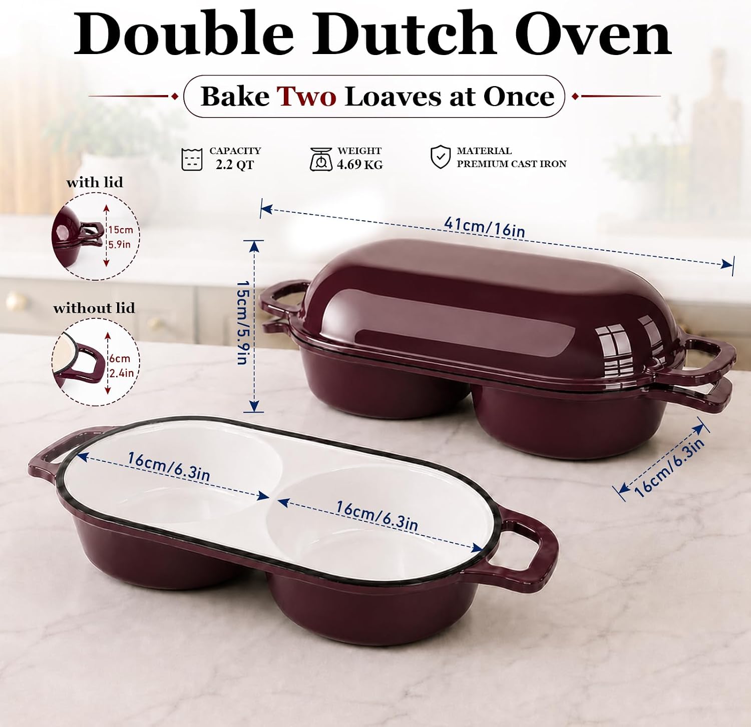 HUILIPU Mini Double Dutch Oven for Sourdough Bread Baking, 2.2QT - Burgundy