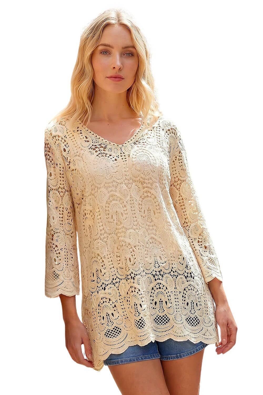 Roman Women's Natural Cotton Crochet Tunic Top In Size 20