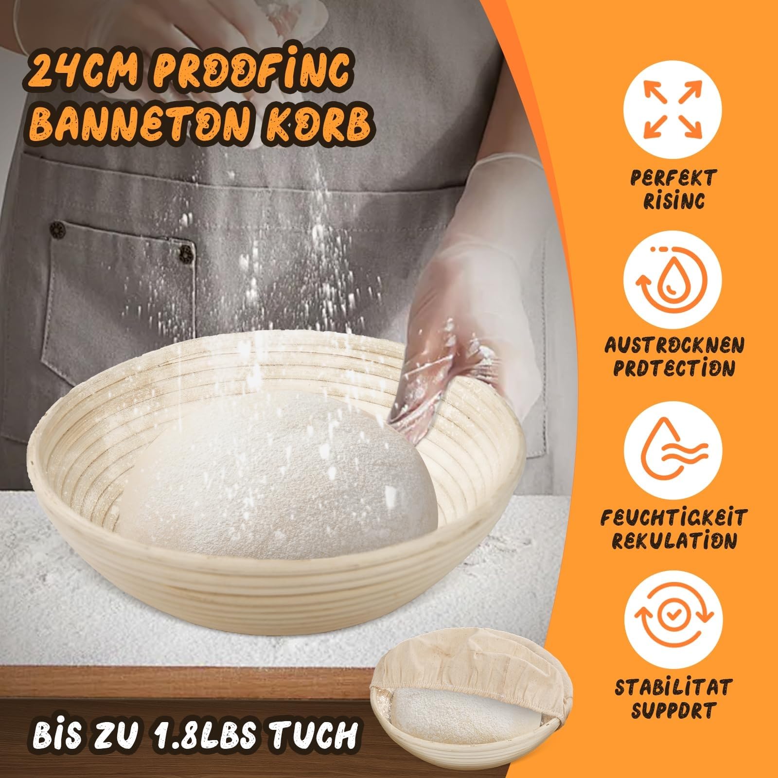 NZQXJXZ Gusseisen Topf Brot Backen Dutch Oven für Brotbacken, 26cm Brotbackform mit Banneton Brot Gärkorb Sauerteig Brotbacken Zubehör, 2-in-1 Brotbacktopf mit Pfanne Deckel Kochen Pan