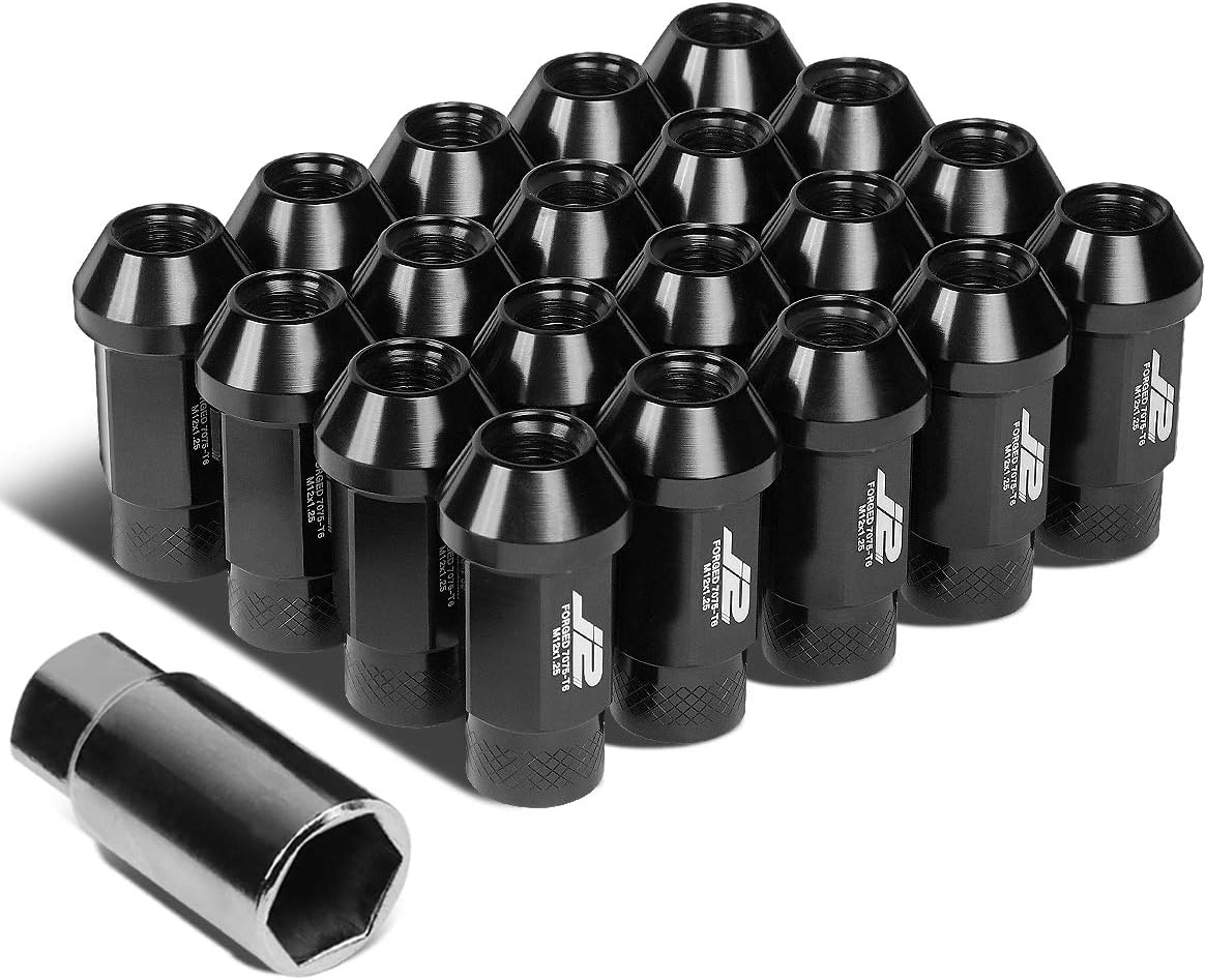 J2 Engineering 7075 Aluminum M12 x 1.25 20 Pcs 50mm Open End Lug Nut Set w/Adapter Black fit Vehicles with 4 or 5 Lug M12x1.25 Threads