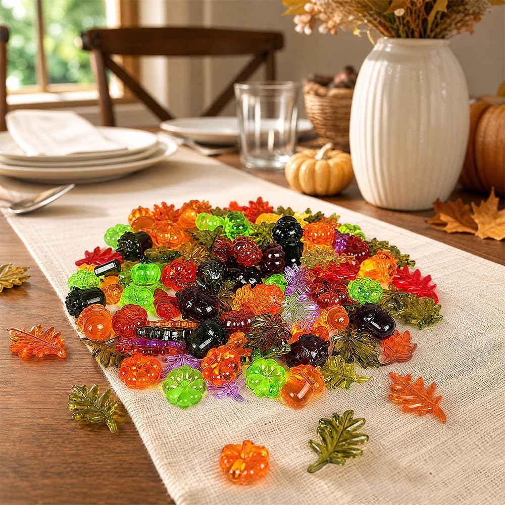 HappyFiller Fall Vase Filler Decorative Acrylic Pumpkins Squirrel Acorns Leaves Gems 16 Styles 70 PCS for Party Table Scatters,Harvest Thanksgiving Craft,Preschool Counting,Sensory Bin Fillers