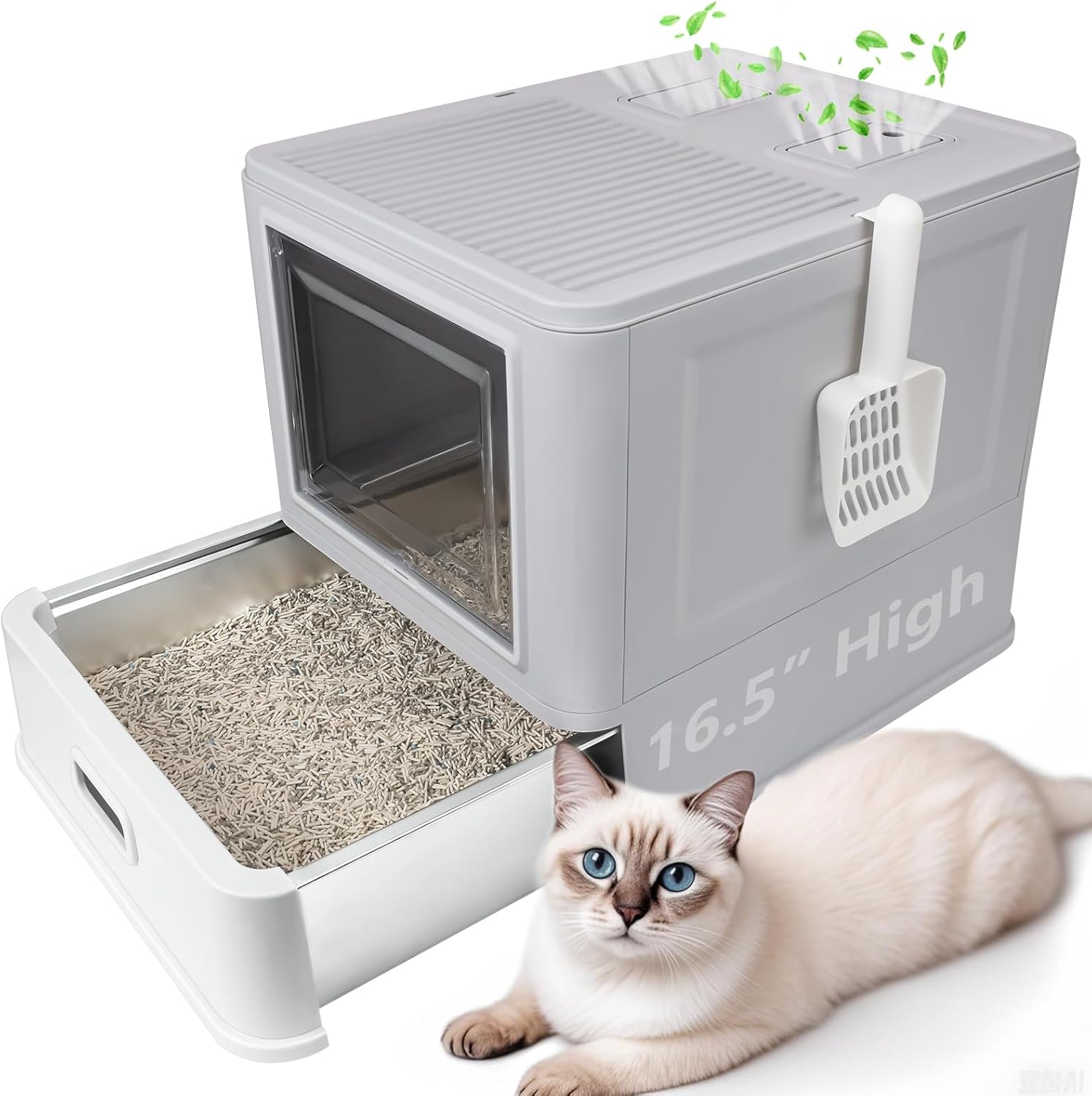 Enclosed Stainless Steel Cat Litter Boxes,Large Foldable Litter Box with Lid,Hooded Covered Stainless Steel Cat Litter Box,Easy Cleaning,No Urine Leakage,Deeper Pan