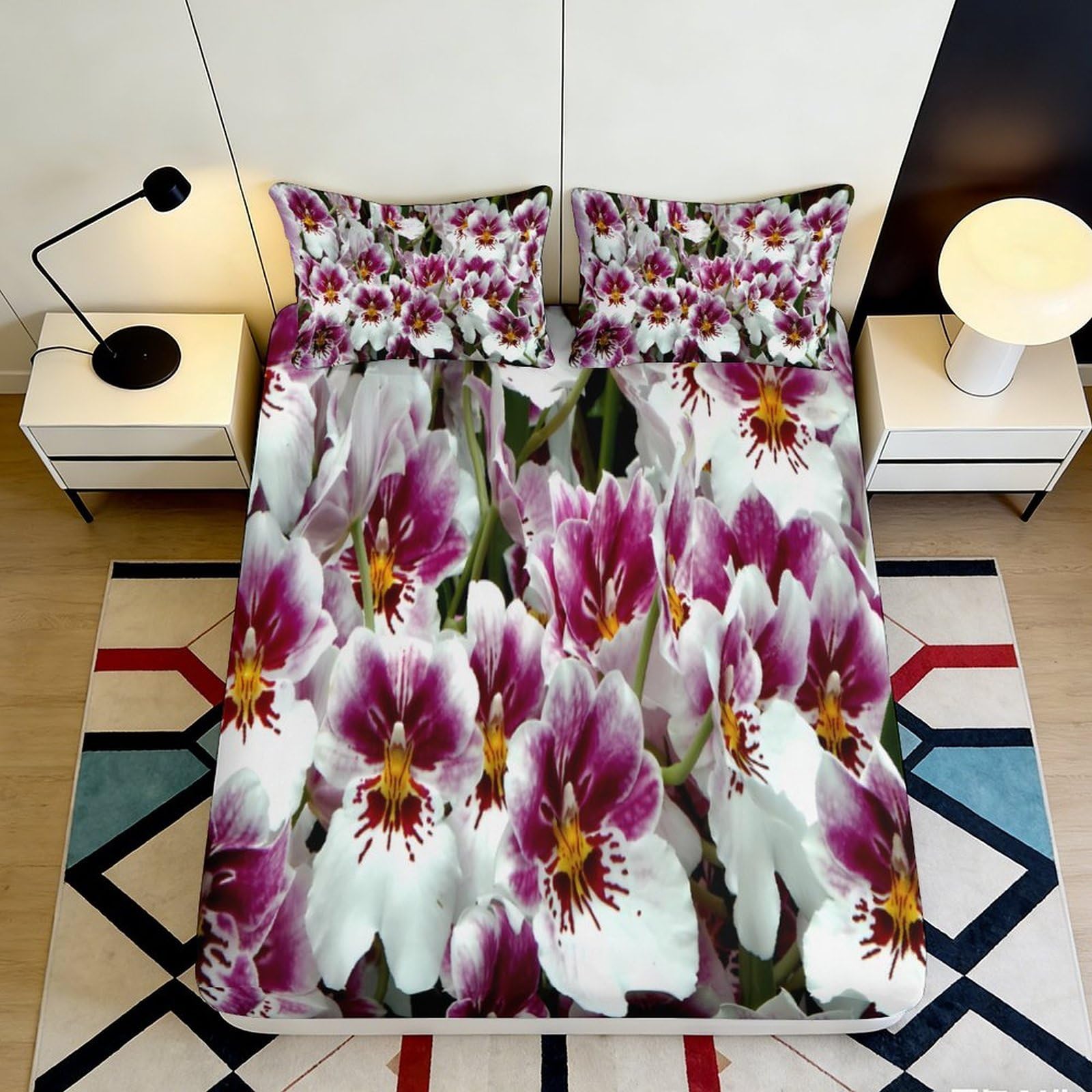 3D Printed Purple Orchid Fitted Sheet Microfiber Floral Bedroom Decor White Flower Mattress Cover for Adults Youth 180x200x25cm