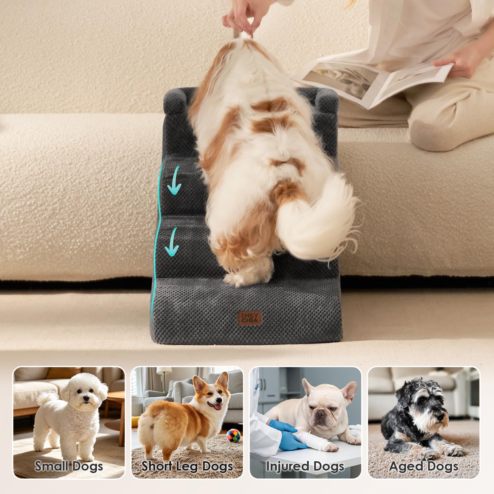 EHEYCIGA Escalier Chien 4 Marches 44.7cm H, Rampe Chien pour Canapé Lit | Mousse Haute Densité, Surface Antidérapante, Housse Amovible et Lavable, Pour Petits Chiens et Chats, Gris