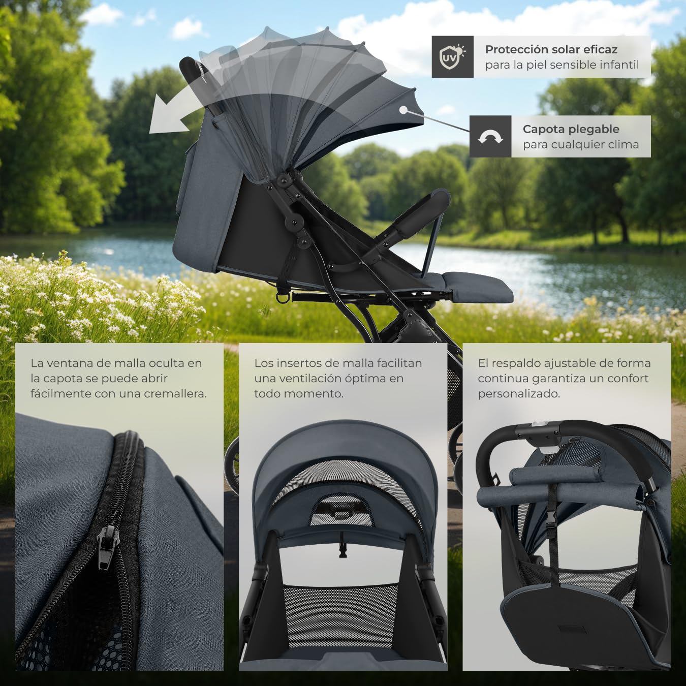 tectake® Carrito de Bebé, Silla de Paseo Plegable, Cochecito Bebés de 0-36 Meses, Arnés de 5 Puntos, Respaldo y Reposapiés Ajustables, Carro de Bebé Compacto, Protección Solar UV - antracita