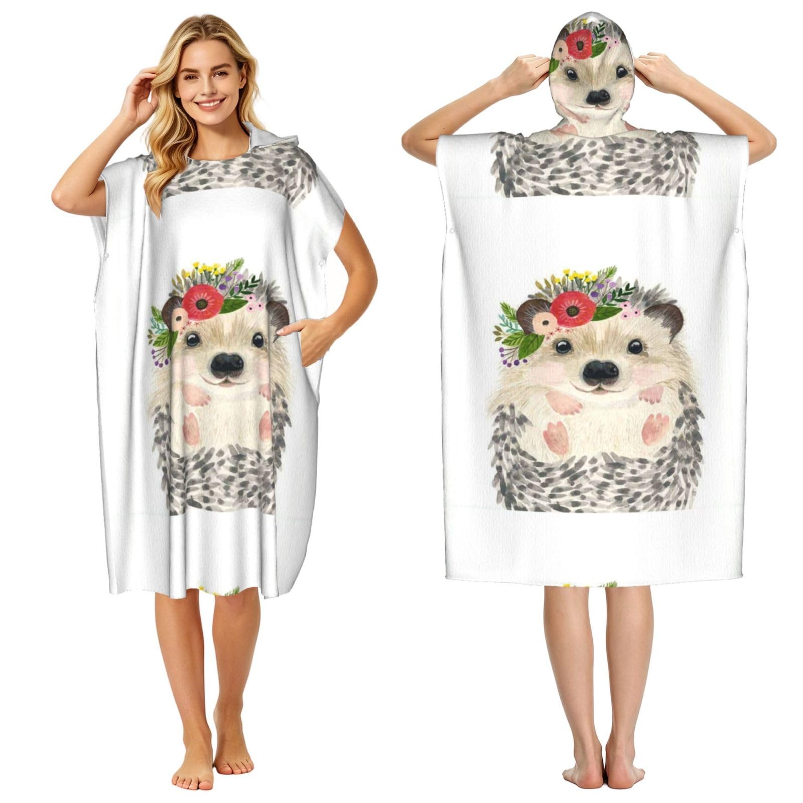 Poadnly Watercolor Cute Animal Lovely Hedgehog, Adult Hooded Beach Towel 90 x 110 cm,Changing Bath Robe, Surf Poncho Towel For Women Men