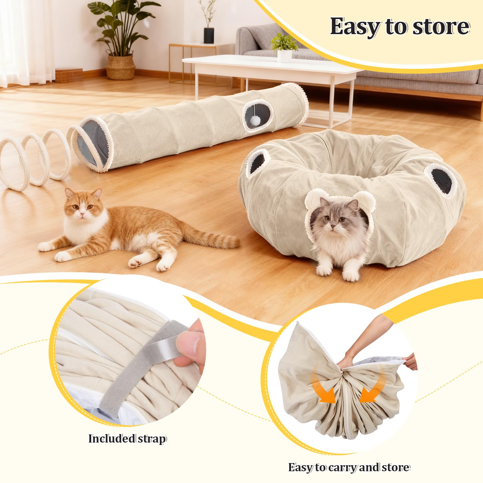 Ownpets Faltbarer Katzentunnel mit Federschwanz, dreiteilige Spielröhre für Haustiere, Vier Konfigurationsoptionen, geeignet für Katzen, Kaninchen und Frettchen, Durchmesser 30 cm