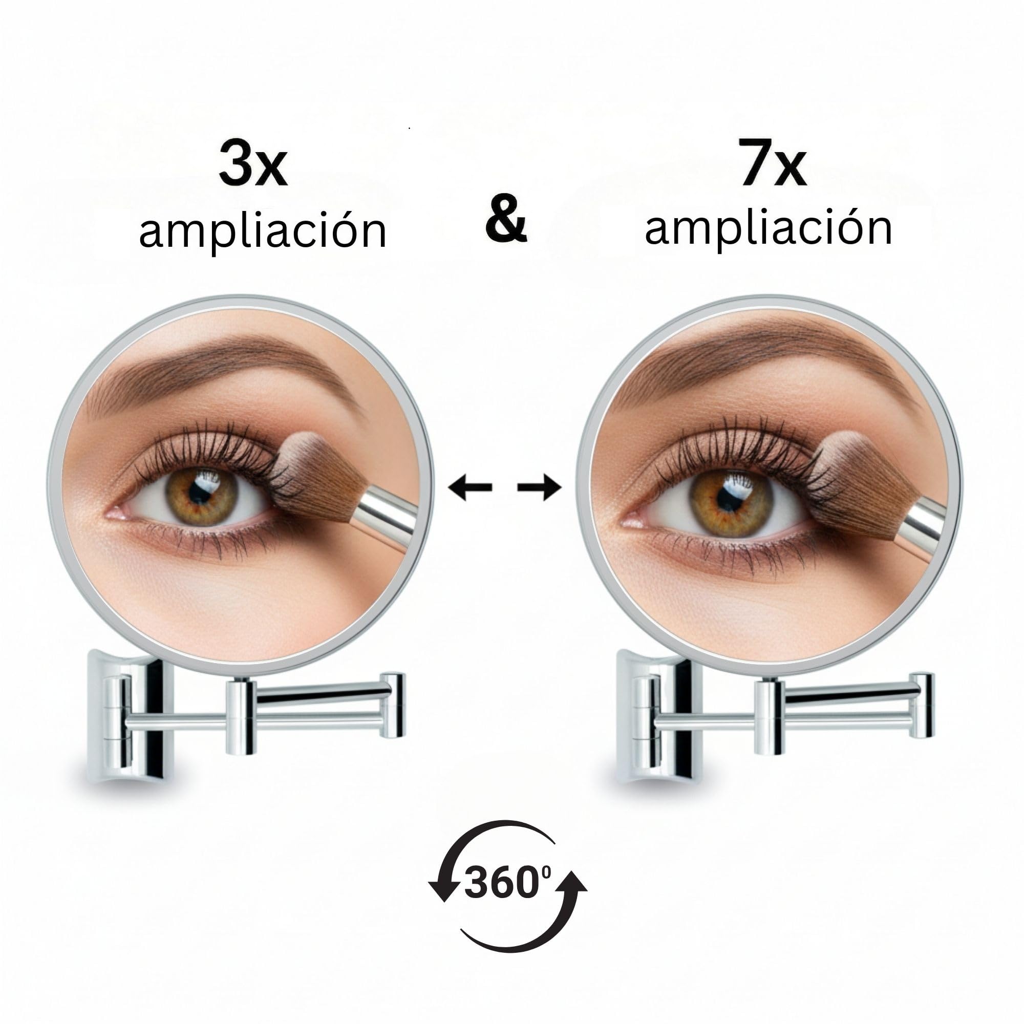 Imola Espejo de Aumento de Pared – Espejo de Maquillaje Giratorio 360° – Espejo Doble Cara para Afeitar con Aumento 3X y 7X – Brazo Extensible de Metal Cromado, Ø 19 cm