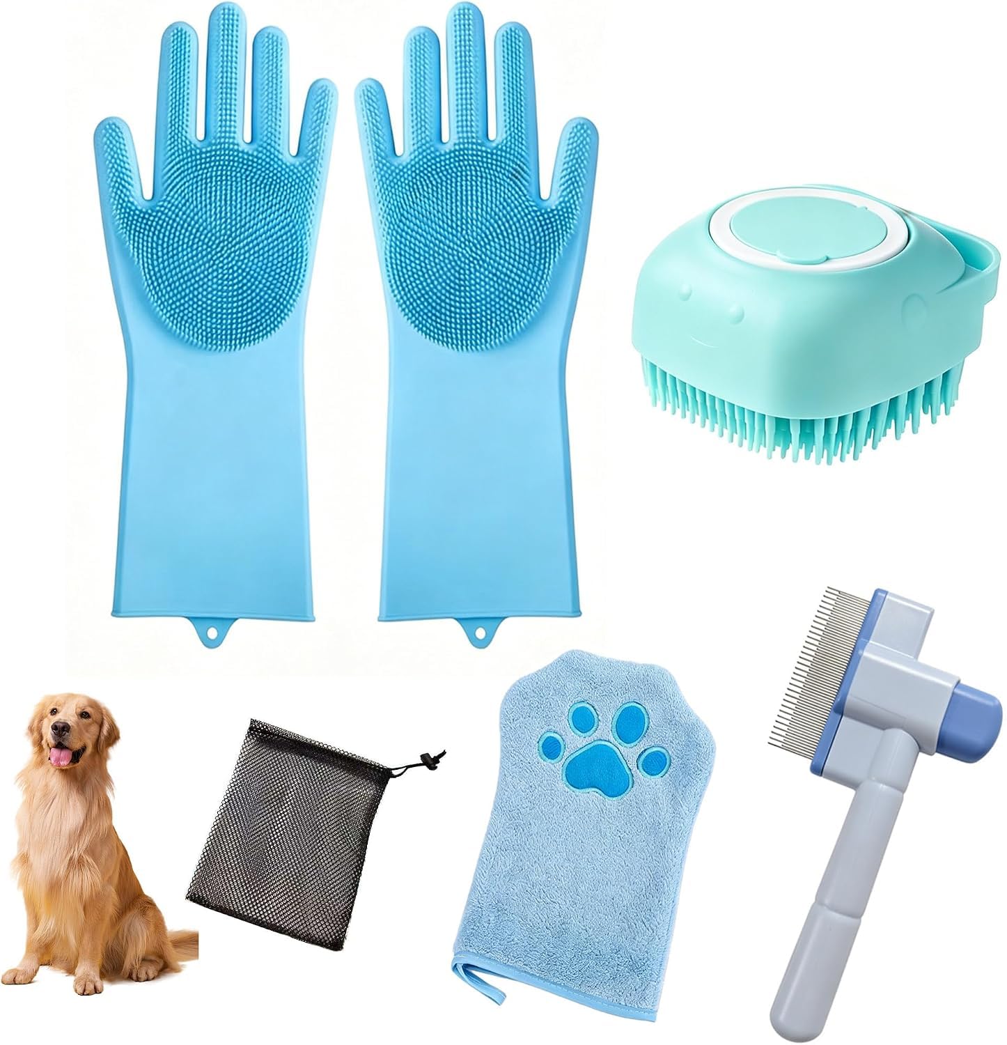 Dog Washing Grooming Kit | 5 in 1 Pet Bathing Gloves, Brush, Detangling Comb, Towel, Storage Pouches | Deep Cleaning for Dogs & Cats (Blue)