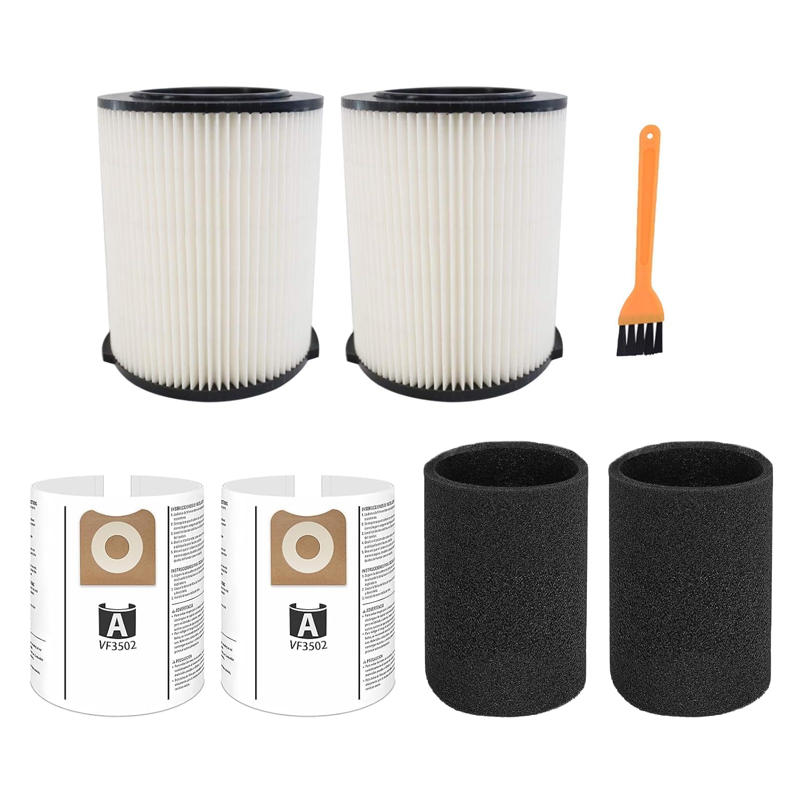 Photo 1 of 2 Pack VF4000 Filter Replacement for Ridgid for Shop Vac 5-20 Gallon Wet Dry Vacuums + VF3502 Shop Vac Bags + 2 Pack Foam Sleeve for Ridgid Wet Dry Vacuum + 1 Pack Brush Cleaner (7 Pack)