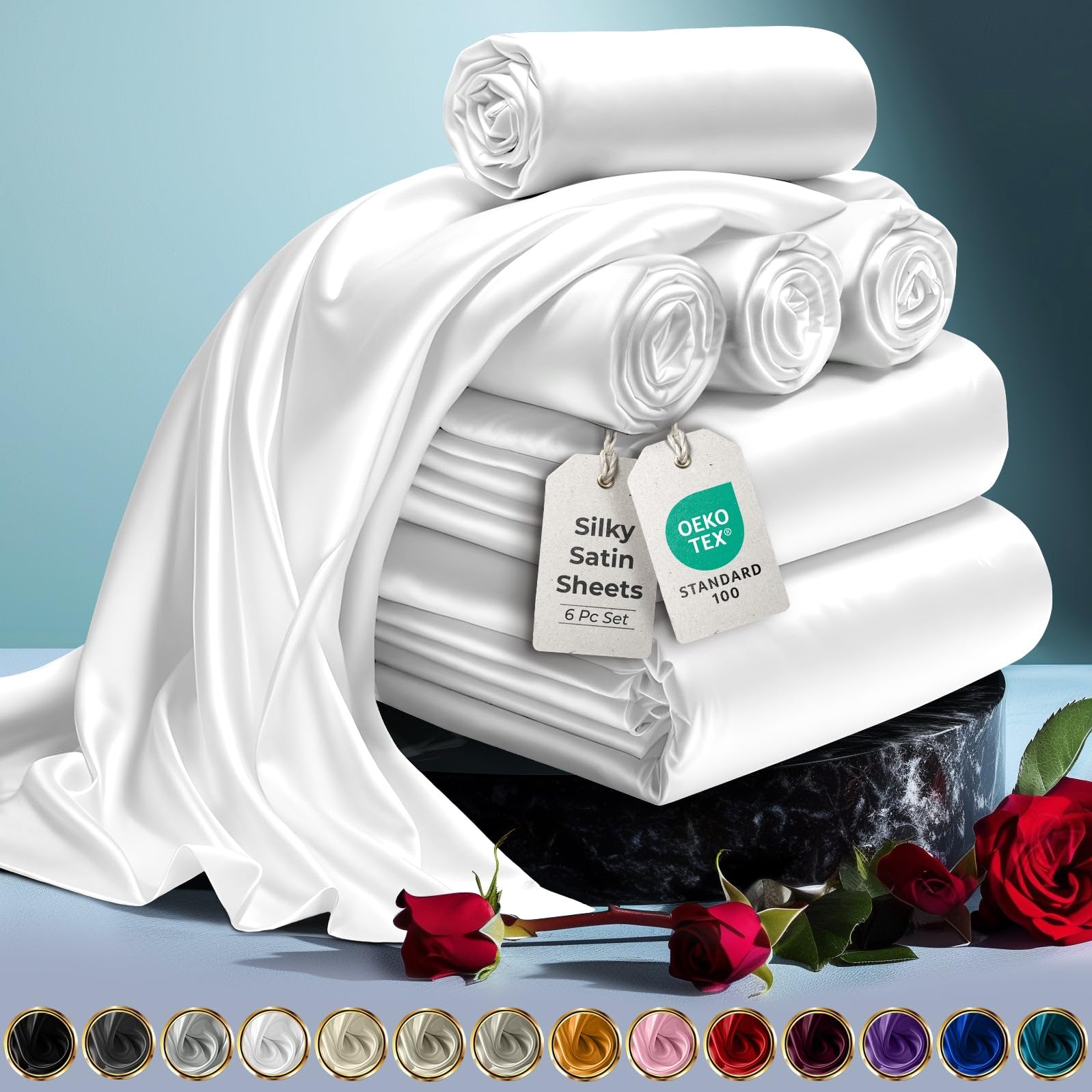 DECOLURE Satin Bed Sheets - 6 Piece Luxury Silky Queen Size Bedding Set - Softer Than Silk, Wrinkle-Free with 15” Deep Pocket Fitted Sheet, Perfect