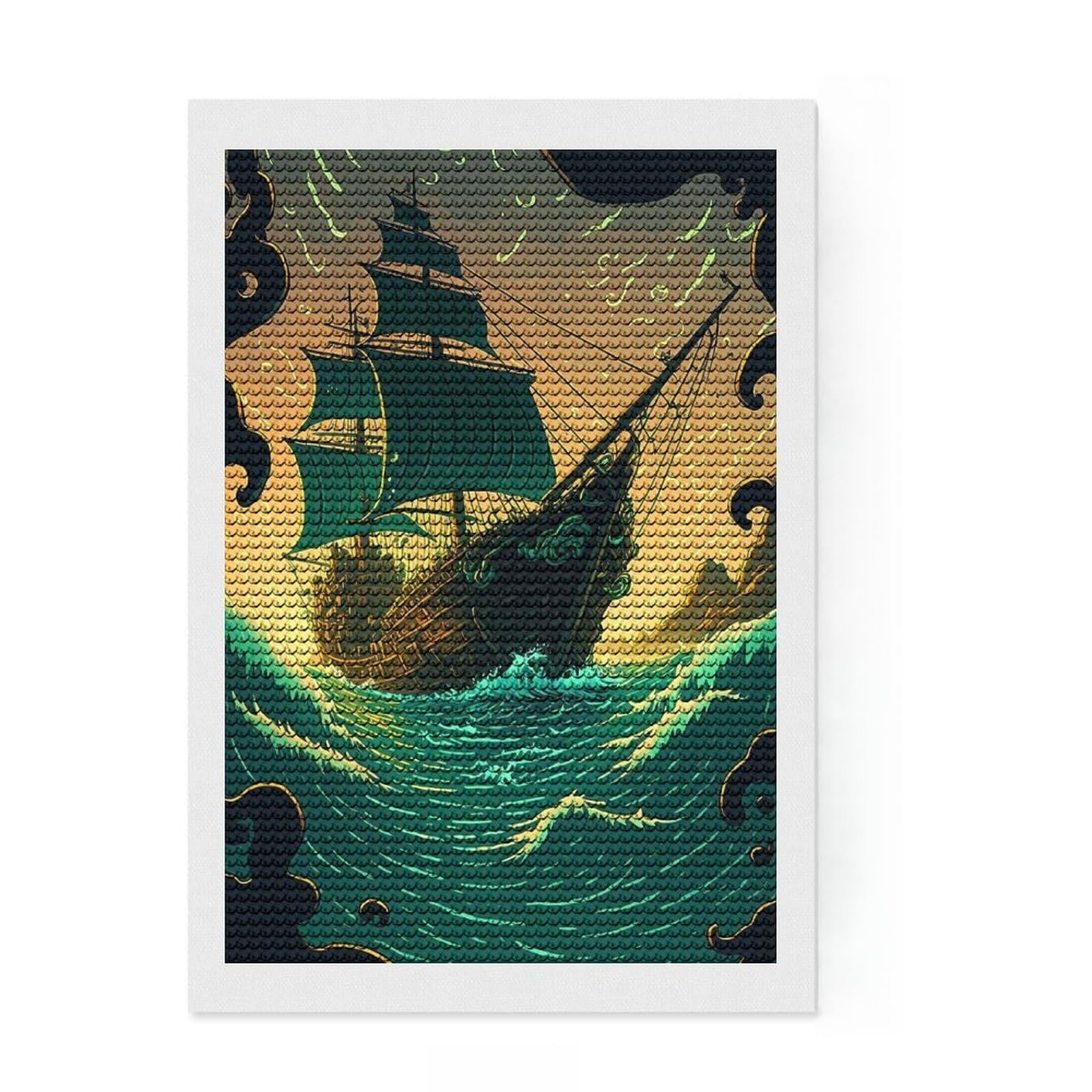 Junmoney Pirate Ship Full Drill Diamond Painting Kit 8"x12", for Women, Complete Accessories, Thoughtful Handmade Gift, Farmhouse Decor