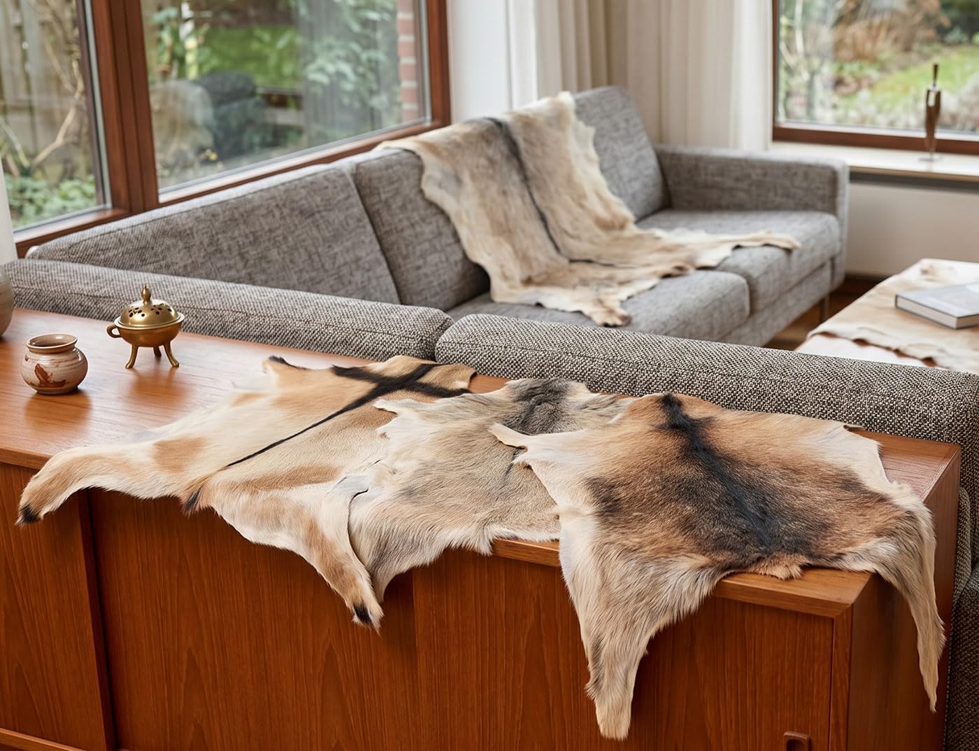 generisch Echtes Ziegenfell Beige, Hellbraun 80 x 60 cm – Naturfell mit weichem Leder & seidigem Kurzhaar – Dekofell für Sofa, Stuhl, Bett, Bank & Wohnraum – Unikat aus echtem Fell