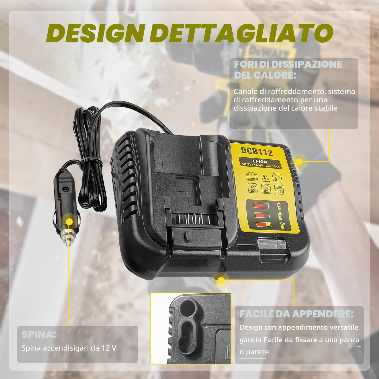 DCB112 - Caricabatteria da auto per batteria Dewalt, sostituisce per batteria agli ioni di litio da 12 V, 20 V e 60 V max per auto, ingresso di ricarica 12 V/24 V, presa accendisigari