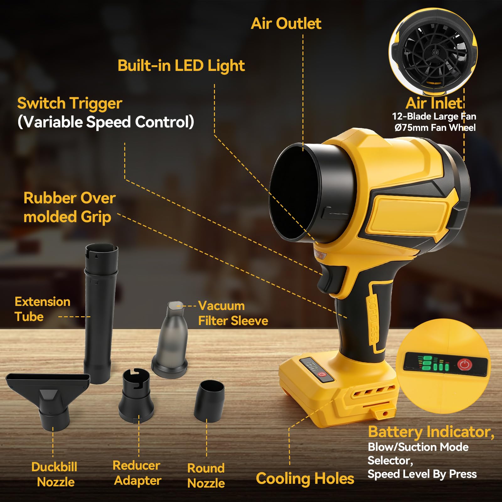 Soffiatore d'aria senza fili compatibile con Dewalt 18V/20V, 3 velocità Soffiatore portatile per foglie e aspirapolvere portatile 38000RPM 500W Brushless Aria compressa Duster Car Blower Dryer