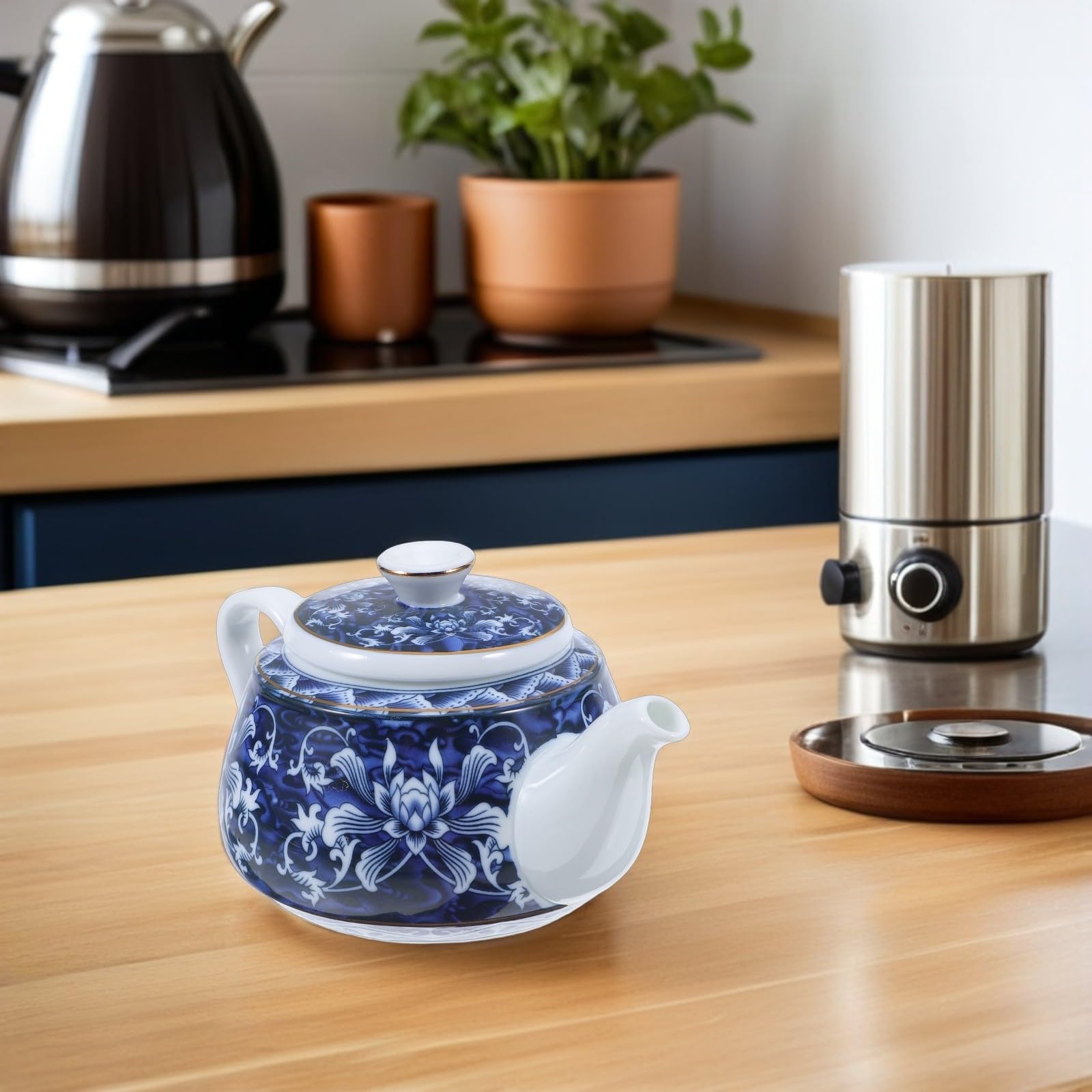 Tetera de Cerámica Azul Estilo Chino para Té, con Asa y Filtro