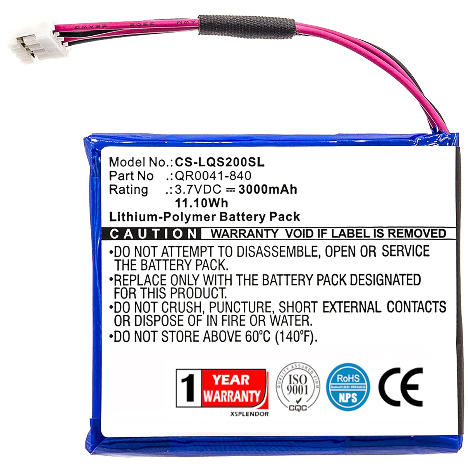 XSP 3000mAh Replacement Battery IQ Panel 2, IQ Panel 2 Plus PN SP584646-1S2P, QR0041-840