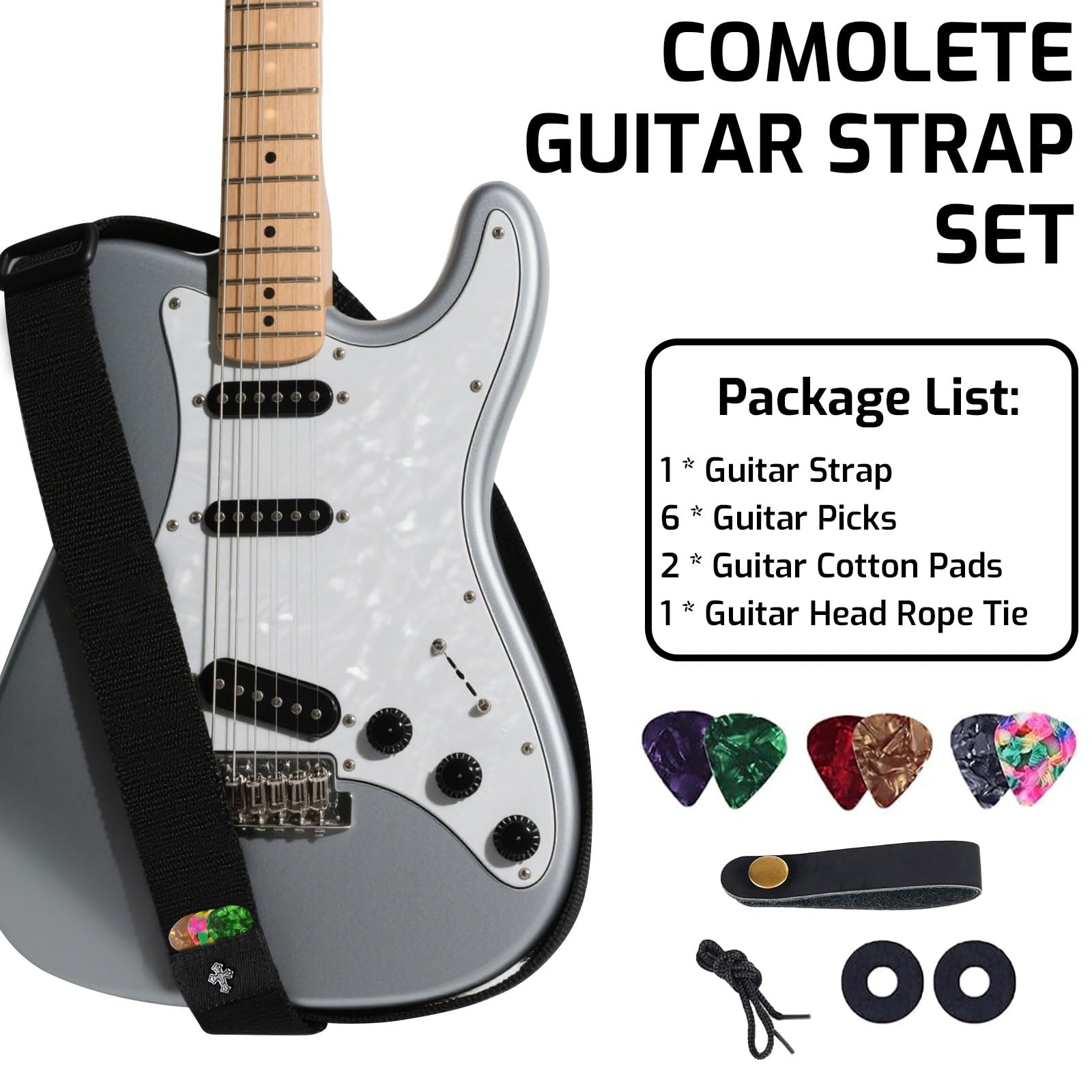 AzureRay Sangle Guitare Acoustique et Électrique Ajustable, Coton Tissé avec Détails en Cuir PU, Accessoire pour Guitare Basse (Noir)