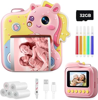 MUNBYN Kids Camera Instant Print, 4-Color Thermal Printer, 1080P Digital Camera Toys for Ages 3-12 Kids with Mermaid Silicone Cover, Creative Gifts for Birthdays, Christmas, Halloween, Pink