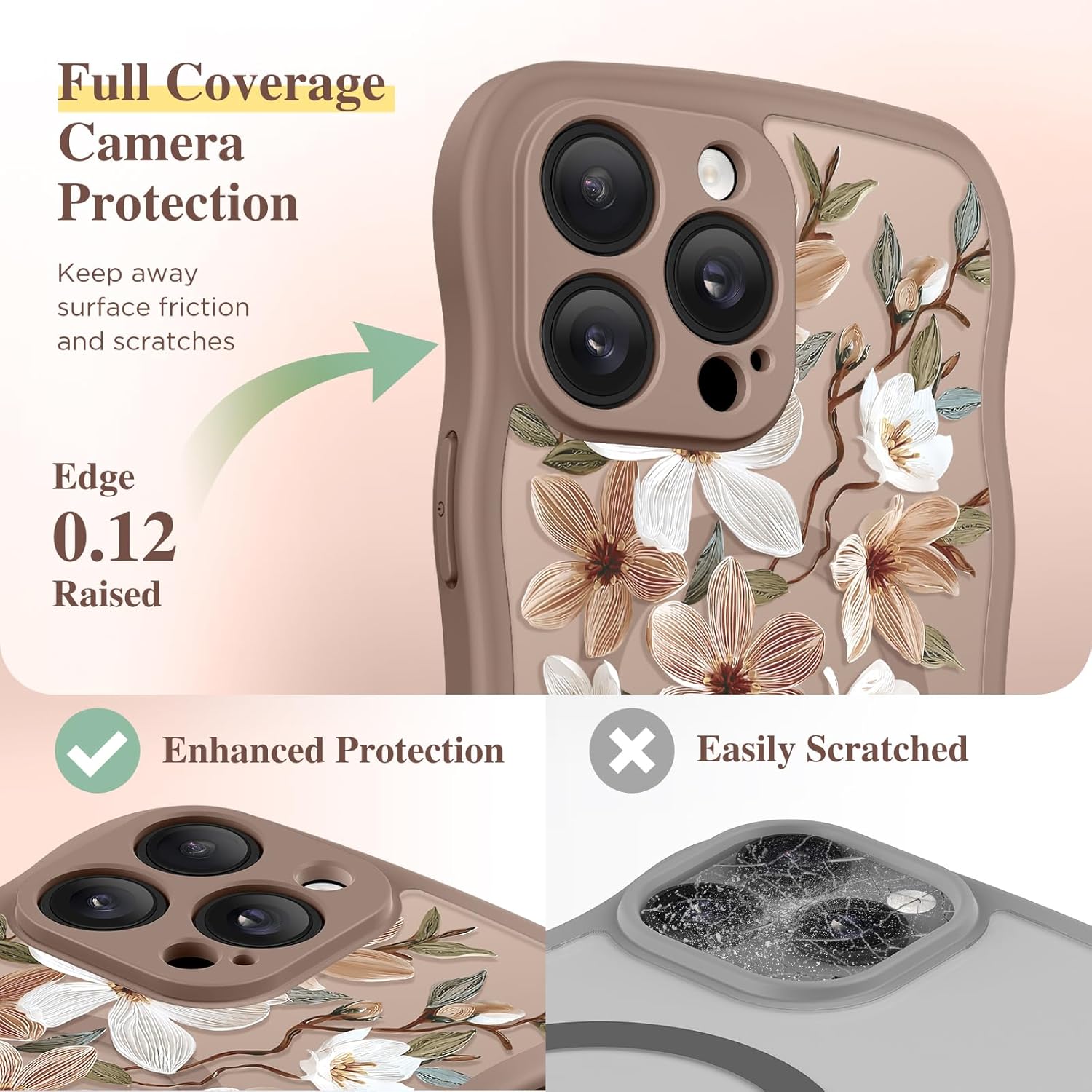 GVIEWIN for iPhone 14 Pro Max Case Compatible with MagSafe [Curly Wave Edge][Full Camera Protection] Floral Translucent Shockproof Magnetic Women Phone Case for 14 Pro Max, Dogwood/Brown - Image 6