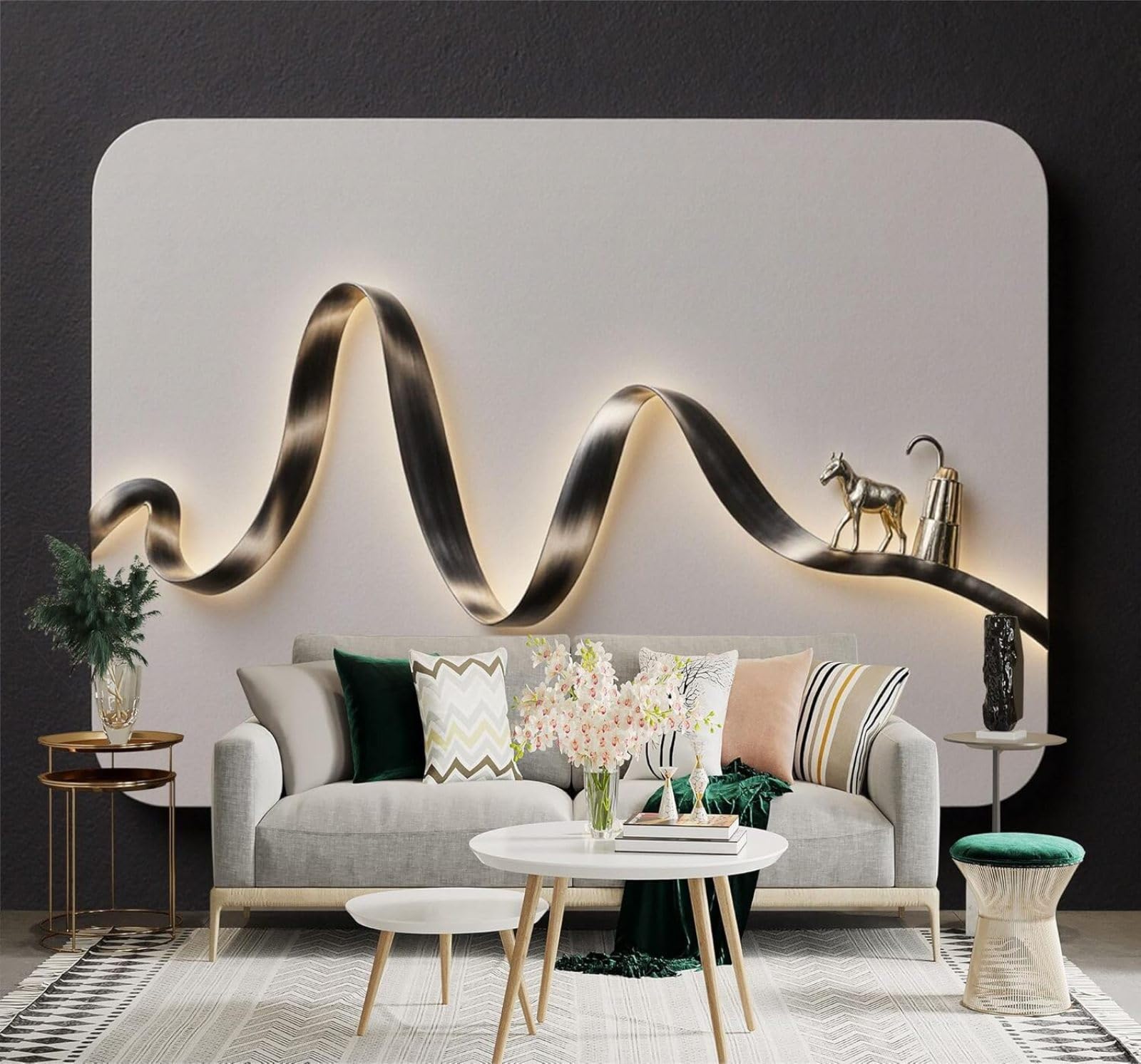 3D Papel Pintado Minimalista Metal Líneas Onduladas Caballo Arte