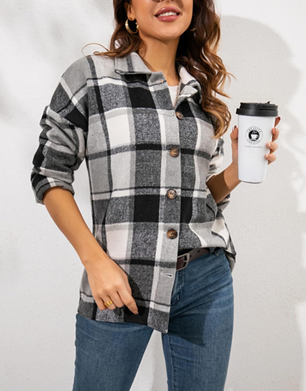 Blansdi Women’s Casual Plaid Flannel Shacket Jacket Oversized Button Down Long Sleeve Fall Shirt Jacket Coat Tops - Image 4