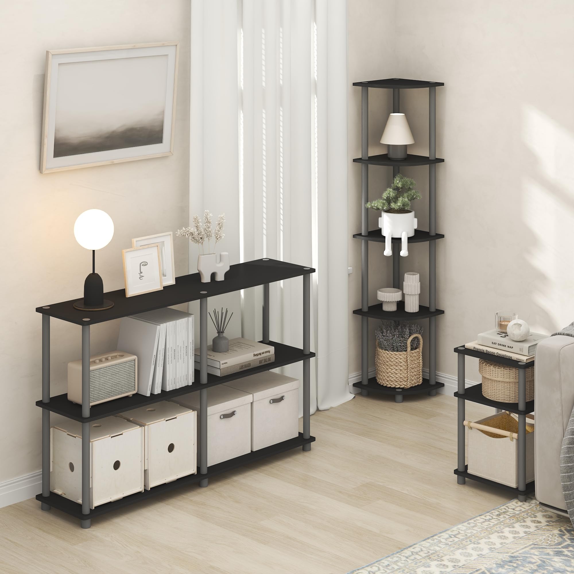 Furinno TURN-N-TUBE Scaffale Angolare, Libreria Angolare a 5 Ripiani, Scaffali di Stoccaggio Aperti, per Organizzazione e Ripostiglio, Soggiorno, Home Office, Garage, Camera da Letto, Nero Semplice
