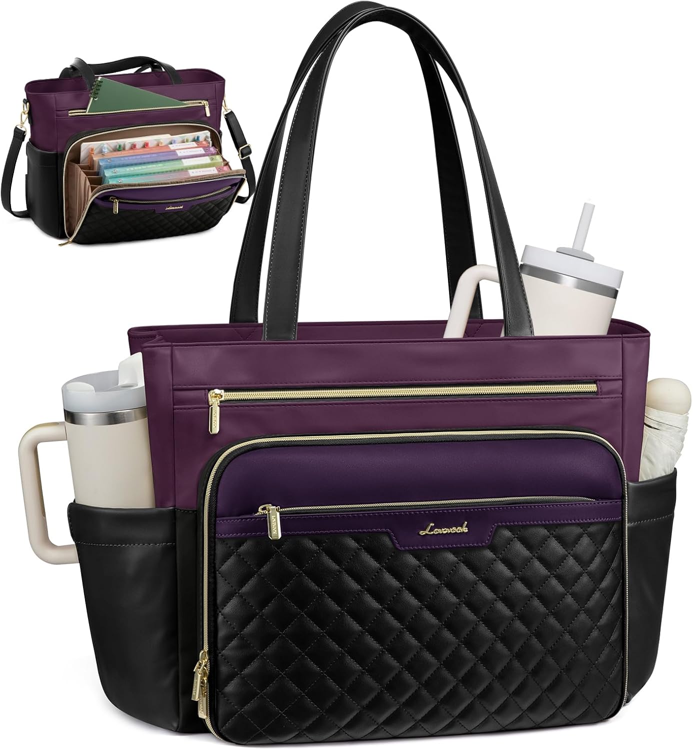 LOVEVOOK Teacher Tote Bag with Accordion File Pocket, Soft PU Leather Work Briefcase Quilted Laptop Bag with Large Cup Holder