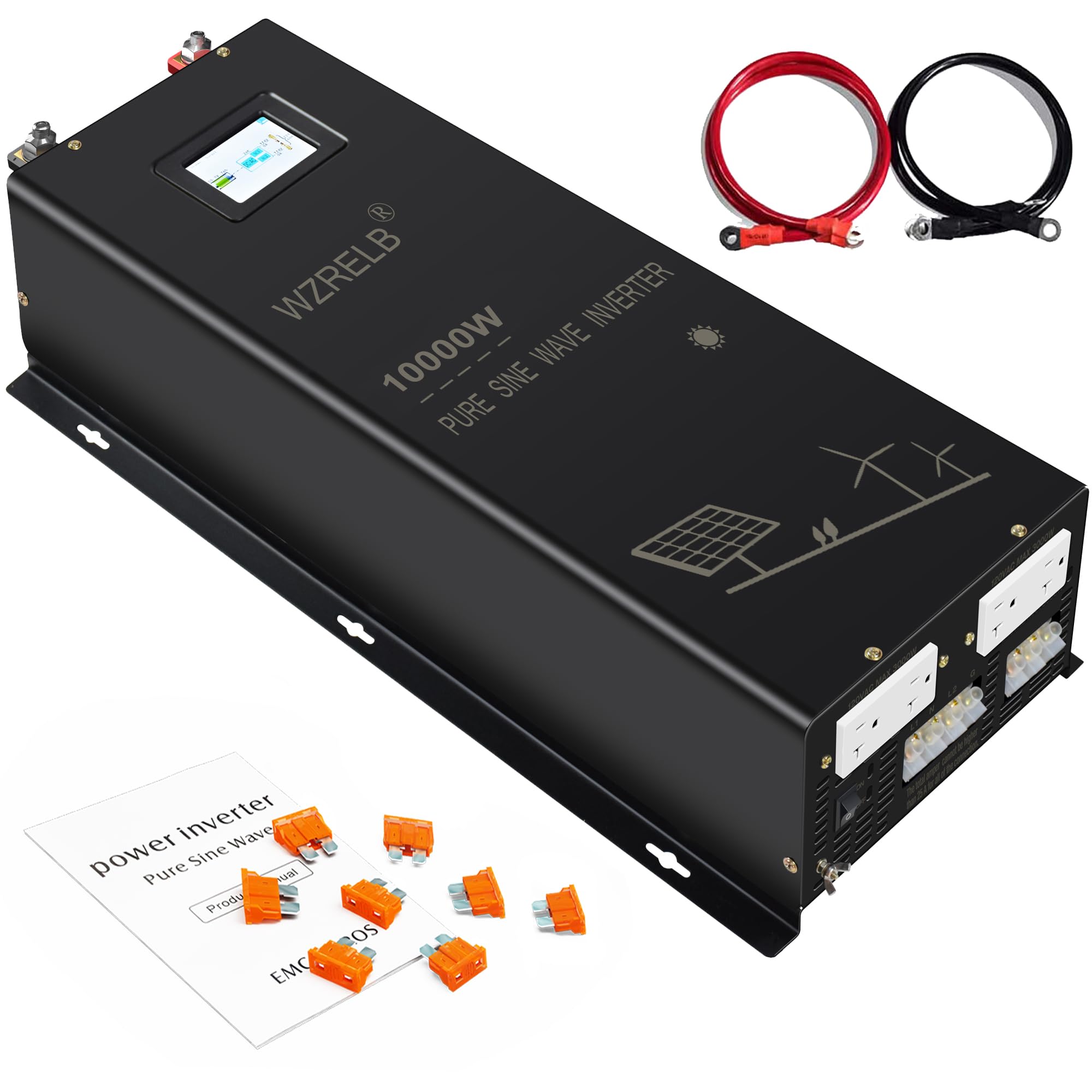 10000W 24V Pure Sine Wave Inverter,24 Volt DC to AC 120V 240V Split Phase Power Inverter,2*AC Hardwire Terminal,20KW Surge,High Efficiency up to 91.6% with LCD Display