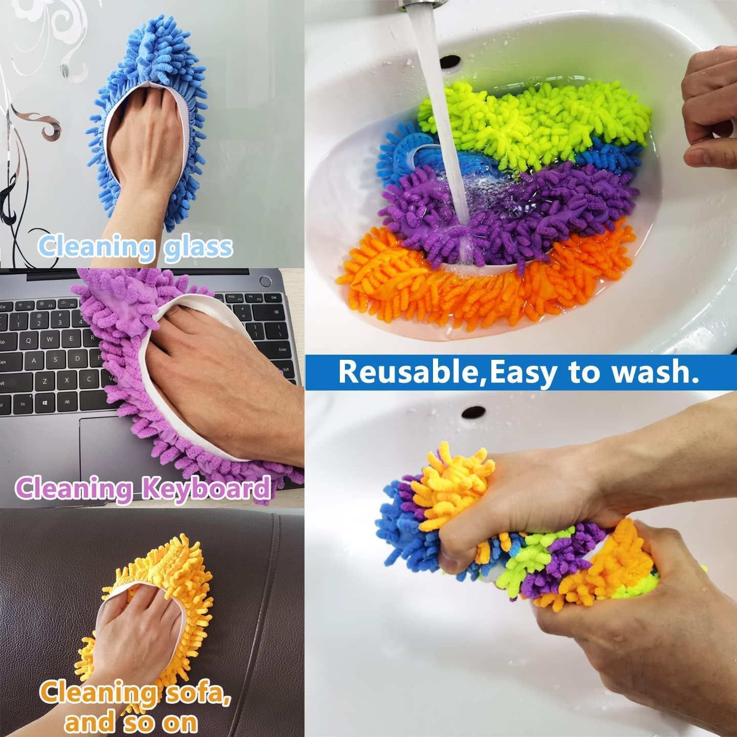 M-jump 8 PCS 4 Pairs Duster Mop Slippers Cover, Multi Function Chenille Fibre Washable Dust Mop Floor Cleaning Shoes for Bathroom, Office, Kitchen, House Polishing