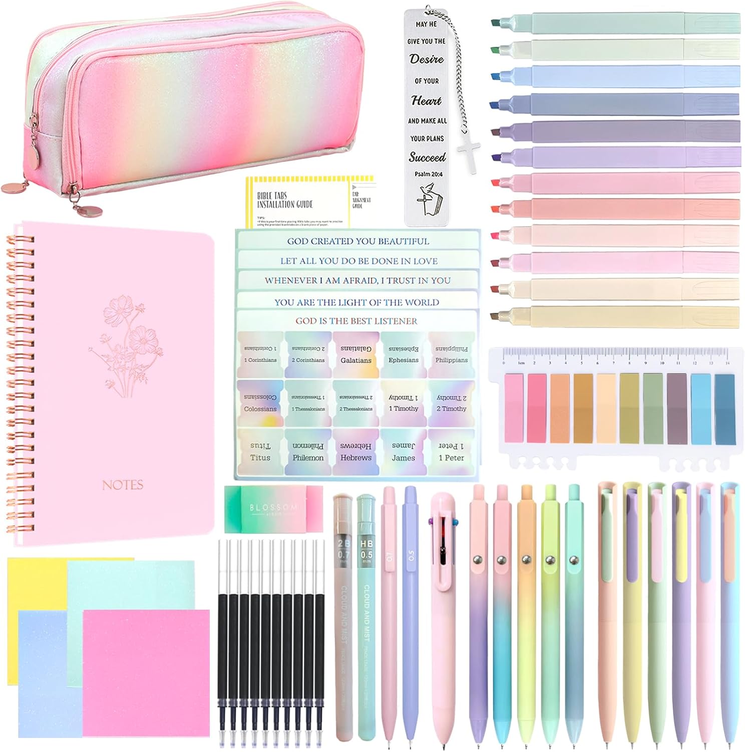 52Pcs Aesthetic Bible Study Supplies,Bible Journaling Kit Note Taking Sets for Women, with Large Rainbow Pencil Pouch, Journal Notebook,No Bleed Highlighters and Pens,Sticky Notes, (Multicolor)