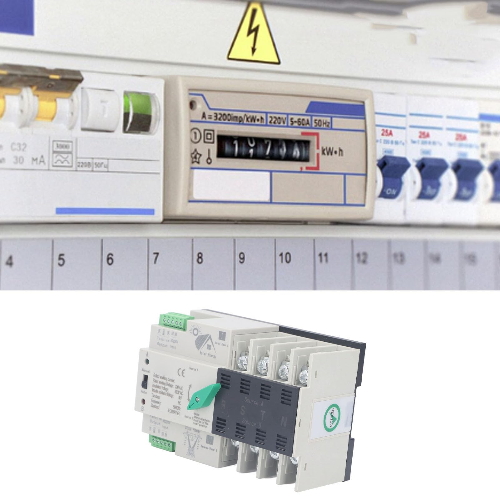 Yctze Interruptor de Transferencia Automática de Doble Potencia 4P AC 220V 100A con Modos Manual y Automático para Soluciones de Suministro de Energía Perfectas (63A)
