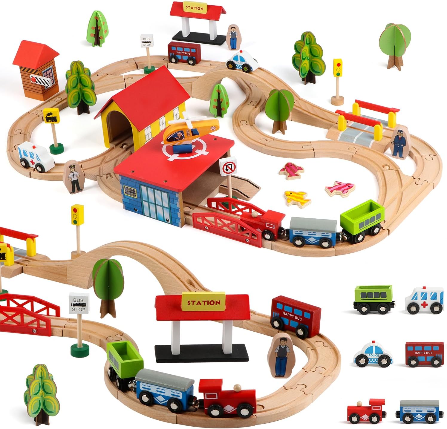 Wondertoys Wooden 69 Pcs Train Tracks Toys Railway Kits with Vehicles Building Construction Toy for kids Boys and Girls