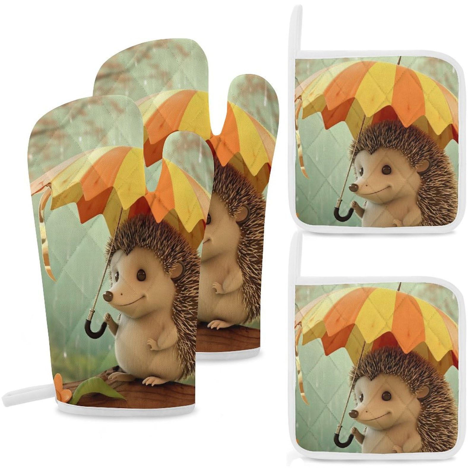 Oven Mitts and Pot Holders Set of 4 Heat Resistant Non-Slip Kitchen Gloves Hot Pads Hedgehog with Umbrella Mittens Gloves Non-Slip Potholders for Cooking Baking Grilling BBQ