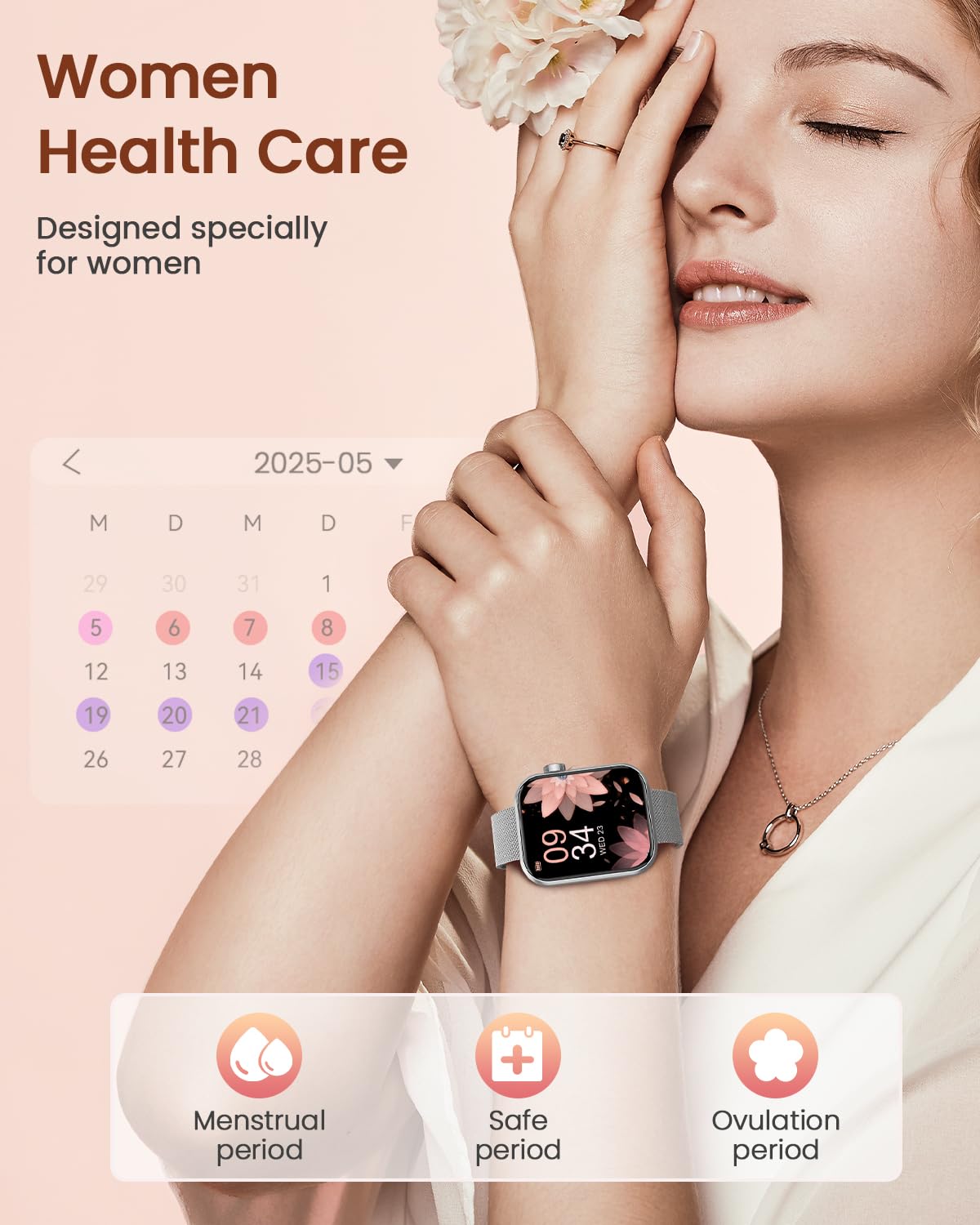 DEKELIFE Smartwatch Donna con Chiamate Bluetooth, 1,85'' HD Orologio con Fisiologia Feminile/SpO2/Sonno/Cardiofrequenzimetro, 100+ Sportive Fitness, Impermeabile IP68 Contapassi Android iOS Argento