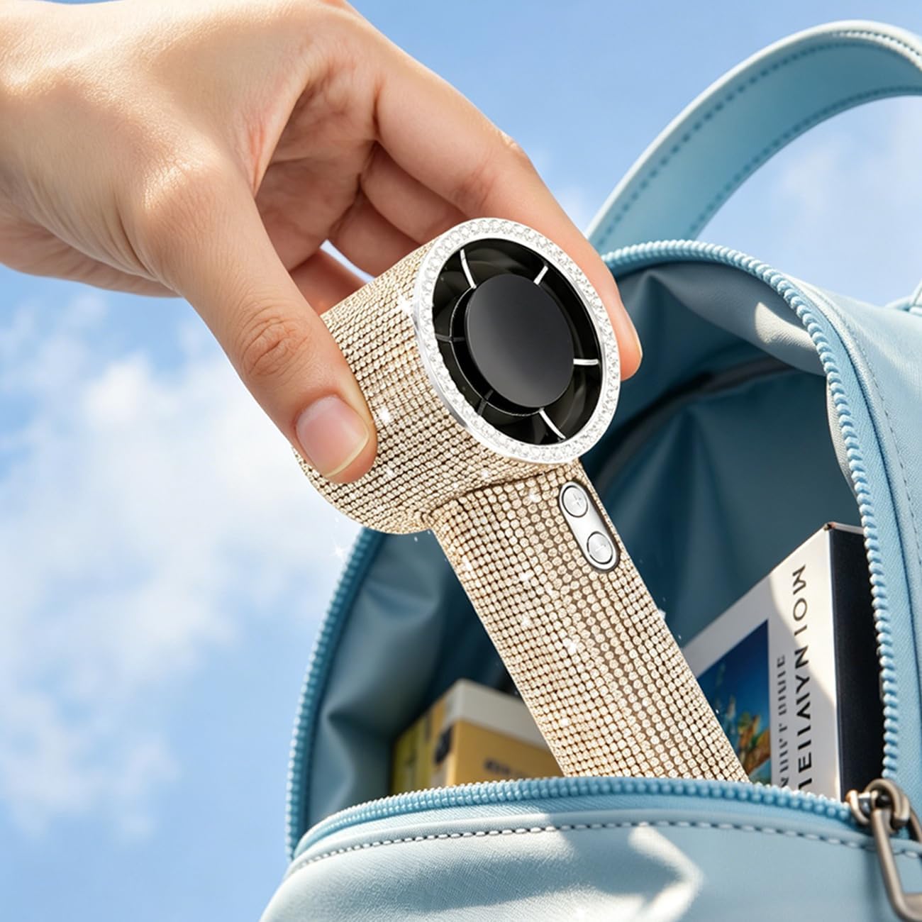 Portable Handheld Turbo Fan - Fashion Full Diamond 1800mAh USB Rechargeable Personal Battery Operated Mini Small Pocket Mini Fan for Travel/Outdoor/Vacation/Beach/Outdoor Activities (Gold-A) image 4