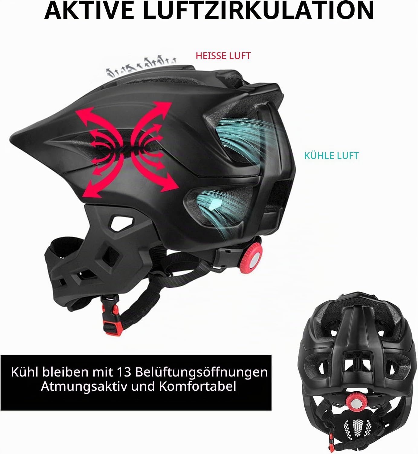 2-in-1 Kinder-Fahrradhelm mit Kinnschutz - Skateboard und Fahrradhelme, Leichter Mountainbike -Helm Abnehmbar, für, BMX, Dirtbike (Schwarz)