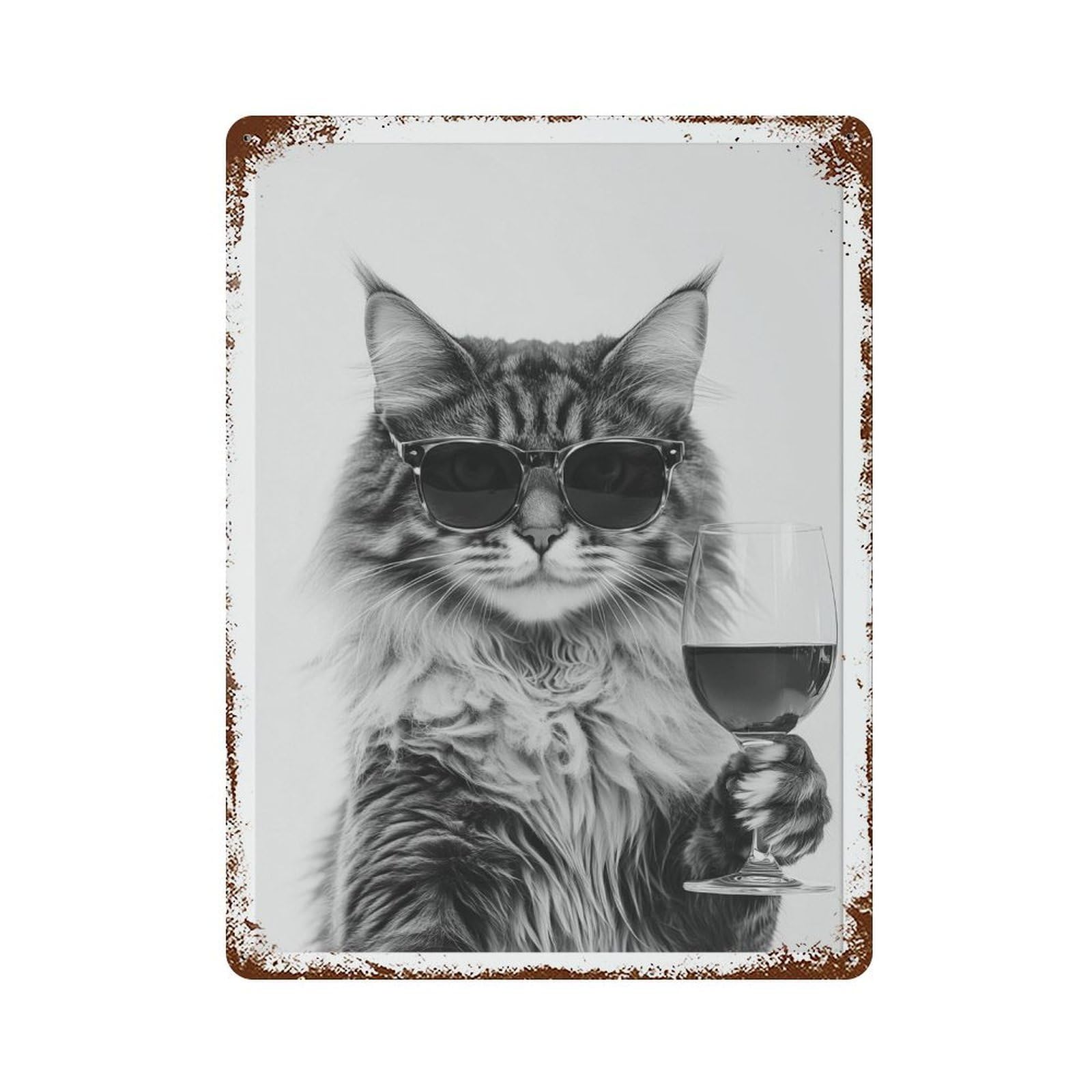 xiaoxiaoshen Maine Coon Cat Drinking Wine Black And White Wall Decor Art Metal Tin Poster Modern Home Decor Art Home Bar Shop Decorations Vintage Sign 40x30cm
