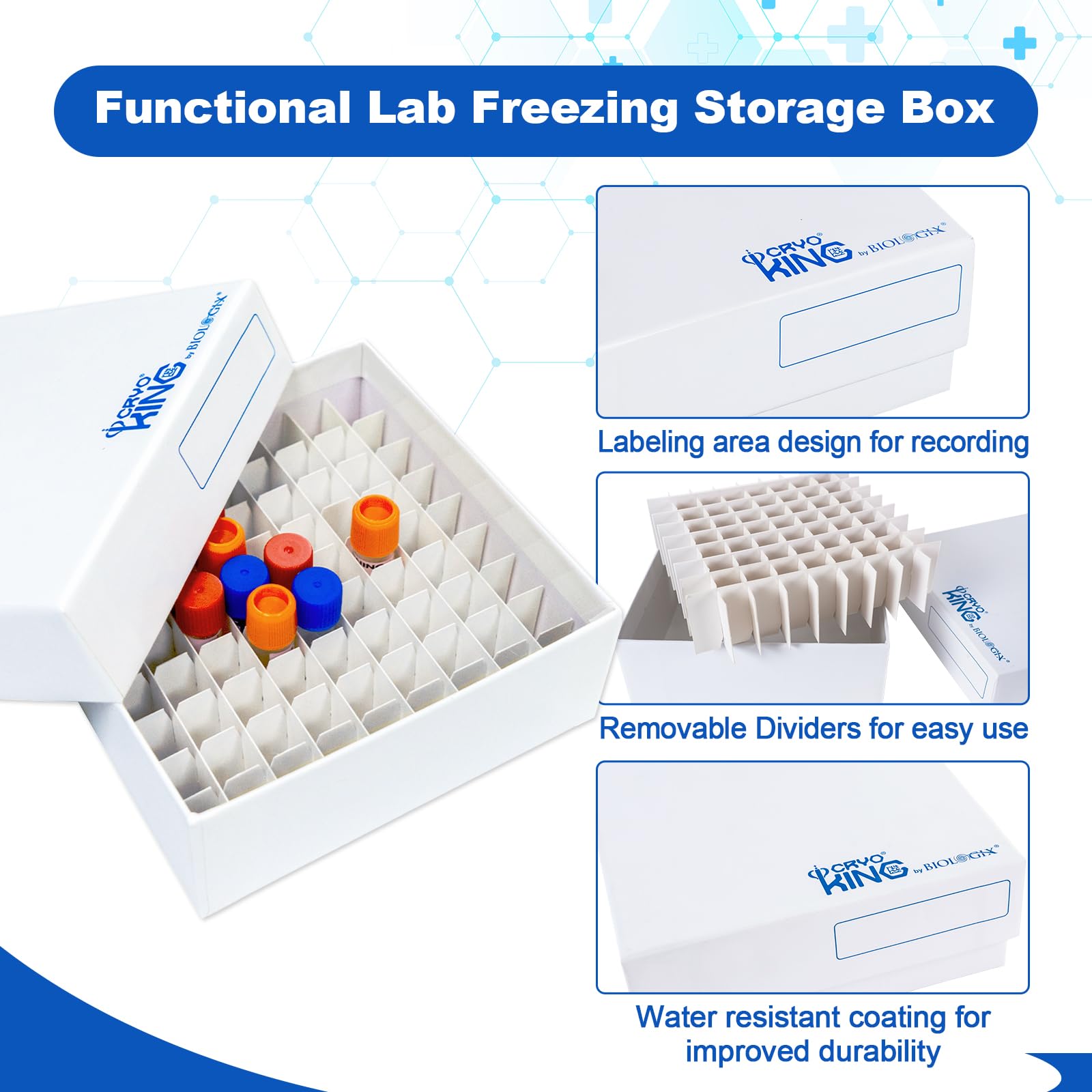 81-Well-Kryo-Boxen, 5,1 cm Höhe, 20 Stück | Robuste Kryobox aus Karton, stabil von -196 °C bis 121 °C, herausnehmbare Trennwand, für Labor-Kryovialaufbewahrung